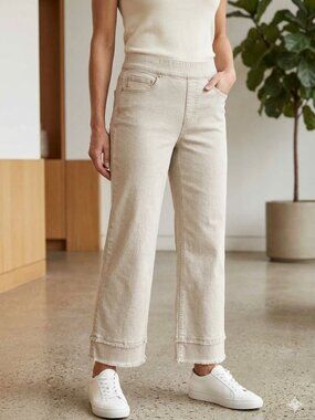 Isaac Mizrahi Live Pull On Wide Leg Crop Jeans Frayed Hem Taupe‎ Khaki Grey